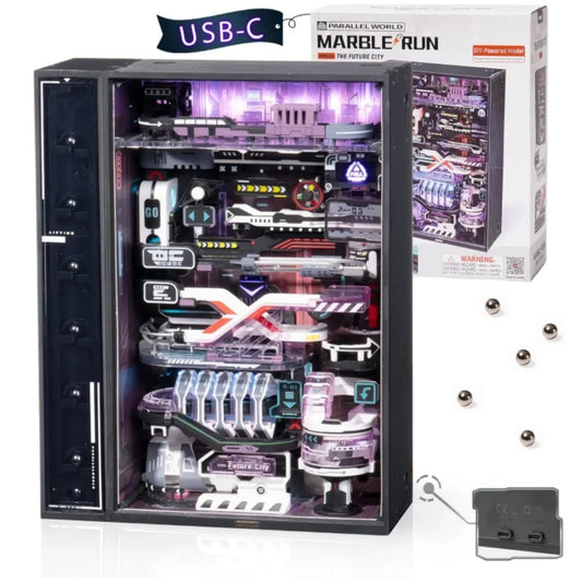 3D Wooden Puzzle Model – Future City Marble Run with LED Lighting