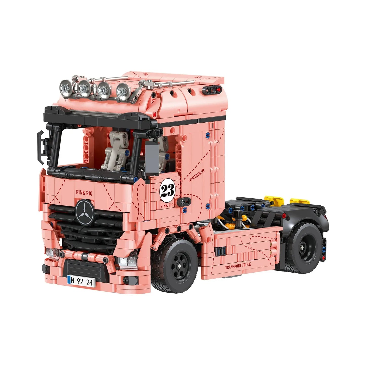 Actros Container Pink Pig building blocks set 1296 pieces – iconic pink racing livery cab-over tractor with full-length container trailer – Blocks Racer